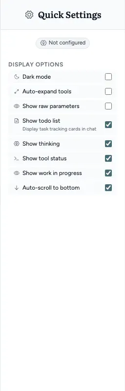 The Quick Settings panel as an admin sees it: the provider badge (Not configured on this Sasha) and the Display Options checkboxes