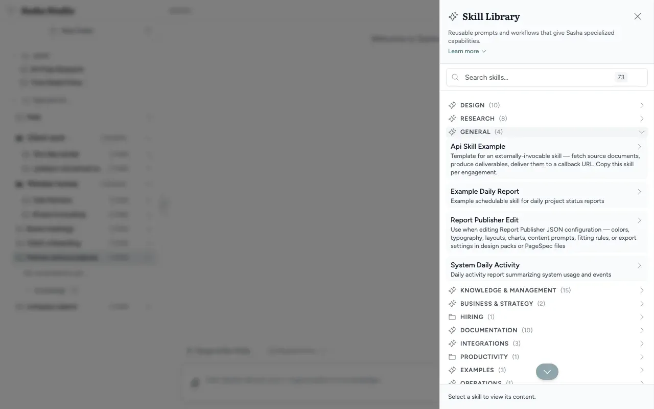 The Skill Library panel: the search box with the skill count, and the categories, one of them open to show its skills