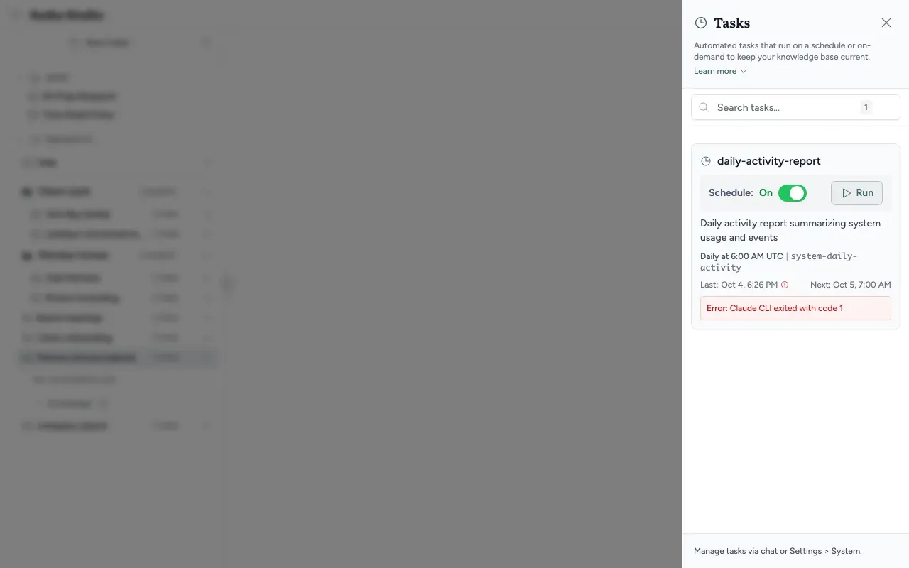 The Tasks panel with the daily-activity-report task: its Schedule switch, the Run button, the schedule in UTC, and the Last and Next run times