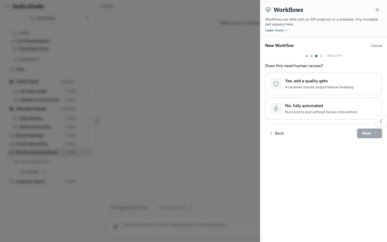 The new workflow wizard at step 3 of 4, which asks whether the workflow needs human review