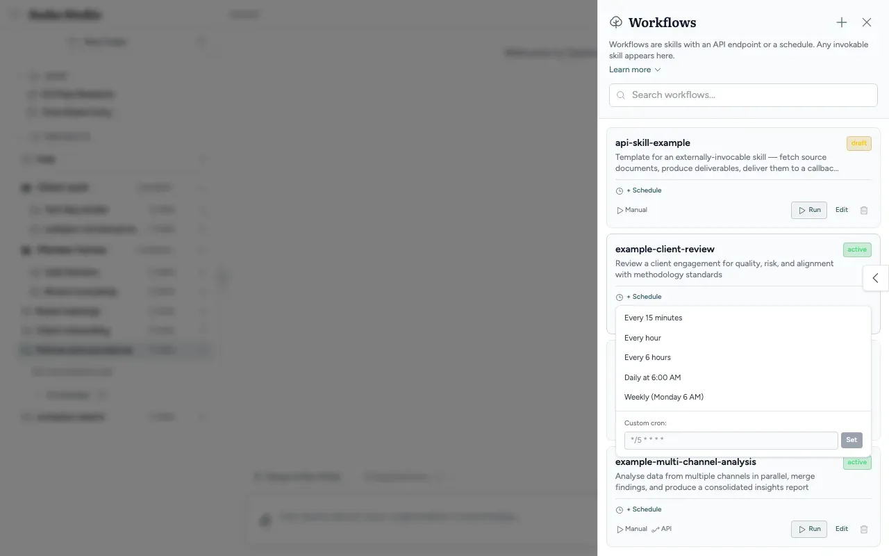 The Workflows panel with the schedule list open on one workflow: five preset schedules and a box for a custom schedule
